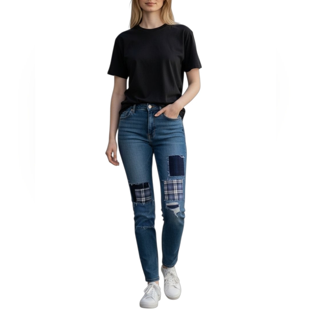 🦜 2/10 Abercrombie Kids Straight Distressed High Rise Patchwork Jeans. Sz15/16.